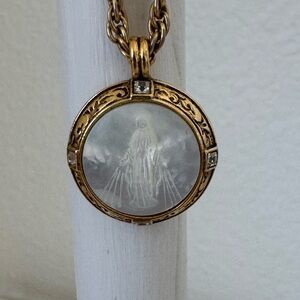 Religious Pendant Necklace Carved Mother of Pearl Inlay of the Virgin Mary